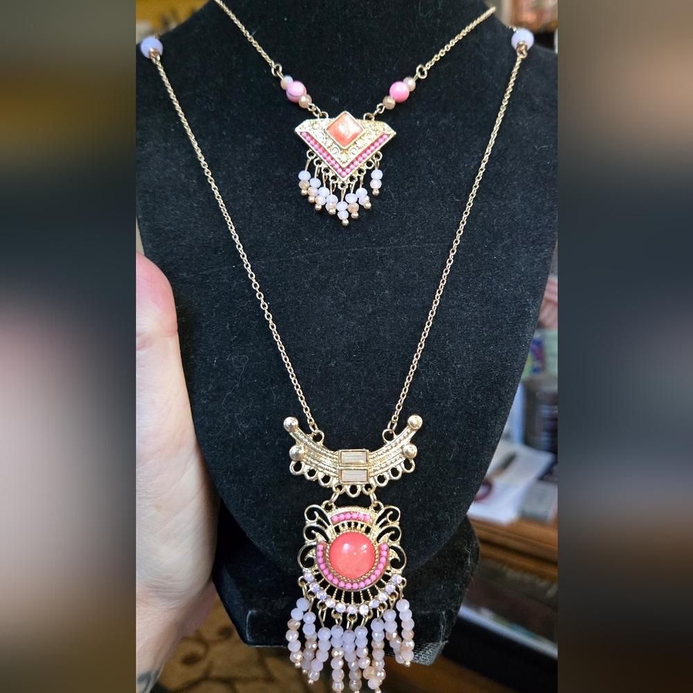 Handmade dual peach tribal style long statement necklace sz34" - Picture 1 of 7